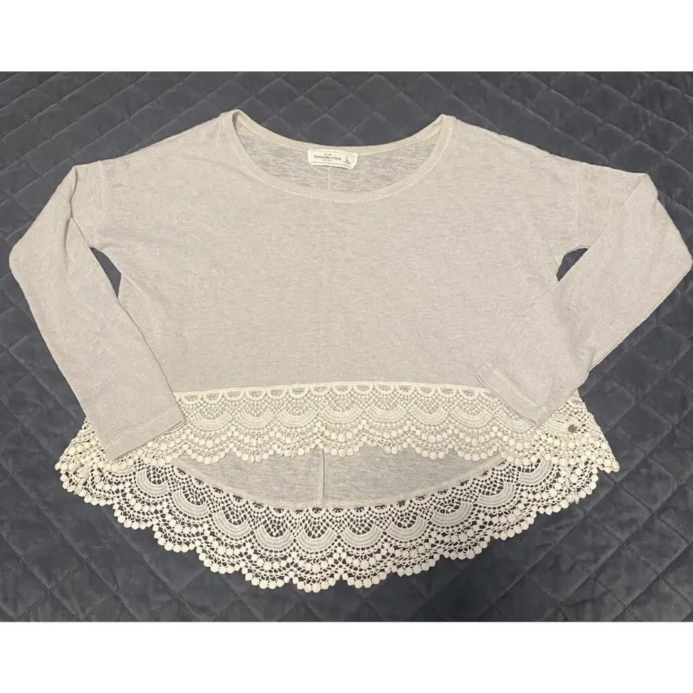 Y2K Abercrombie & Fitch W Oatmeal Long Slv Crochet Lace Hem Boho Cottagecore S